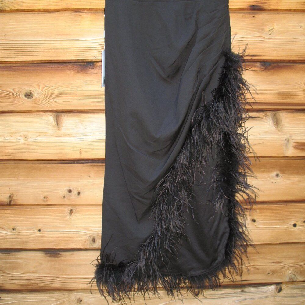 MAC DUGGAL 11626 Black Sleeveless Faux Wrap Dress with Feather Detail - Picture 8 of 12